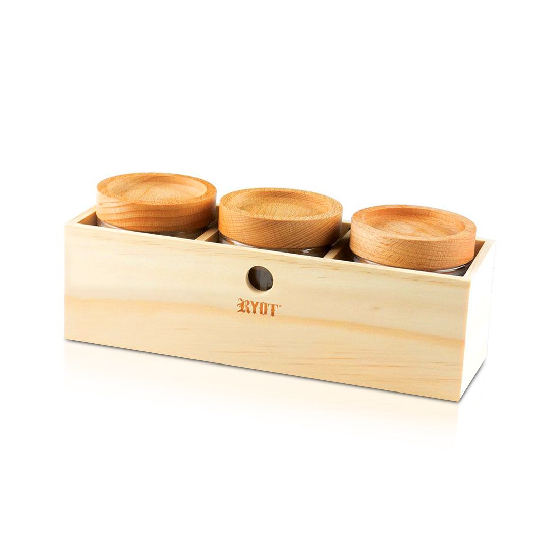 RYOT - 3 Glass and Beech Storage Jars and Box