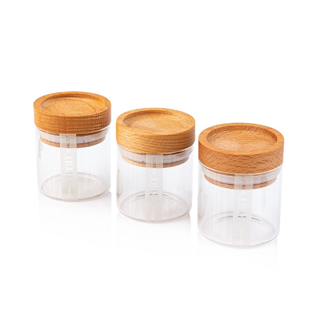 RYOT - 3 Glass and Beech Storage Jars and Box