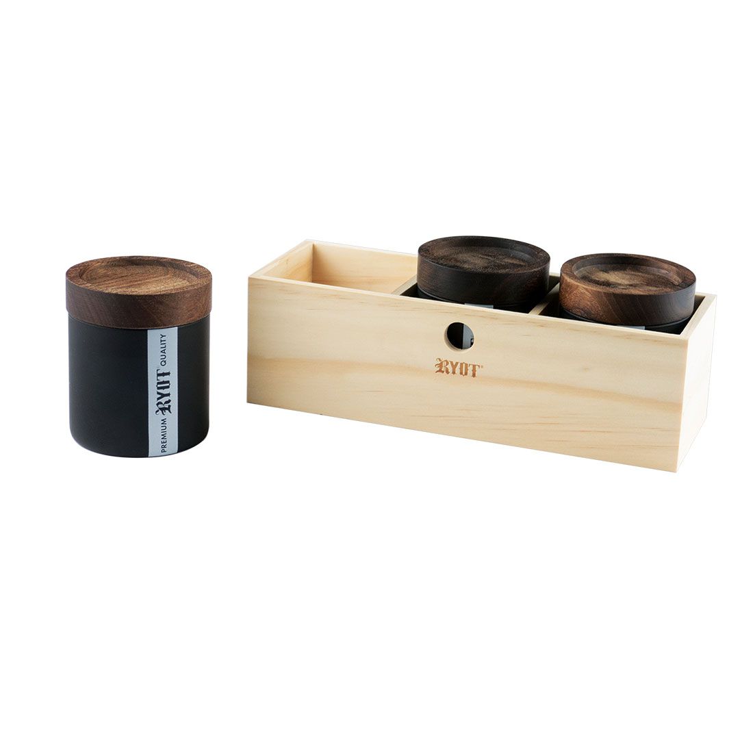 RYOT - 3 Glass and Walnut Storage Jars and Box