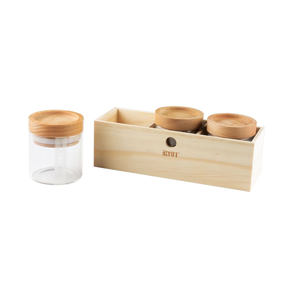 RYOT - 3 Glass and Beech Storage Jars and Box