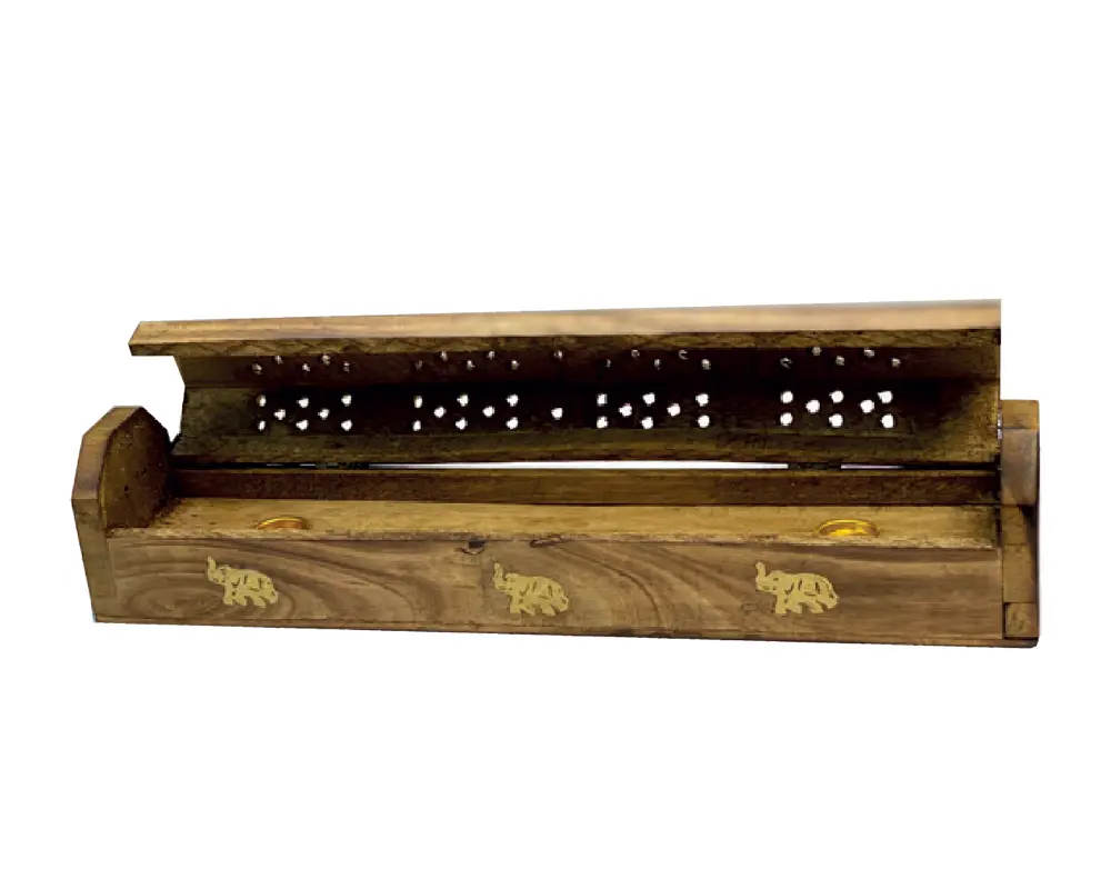 Wooden Burn & Store Incense Box Elephant Design