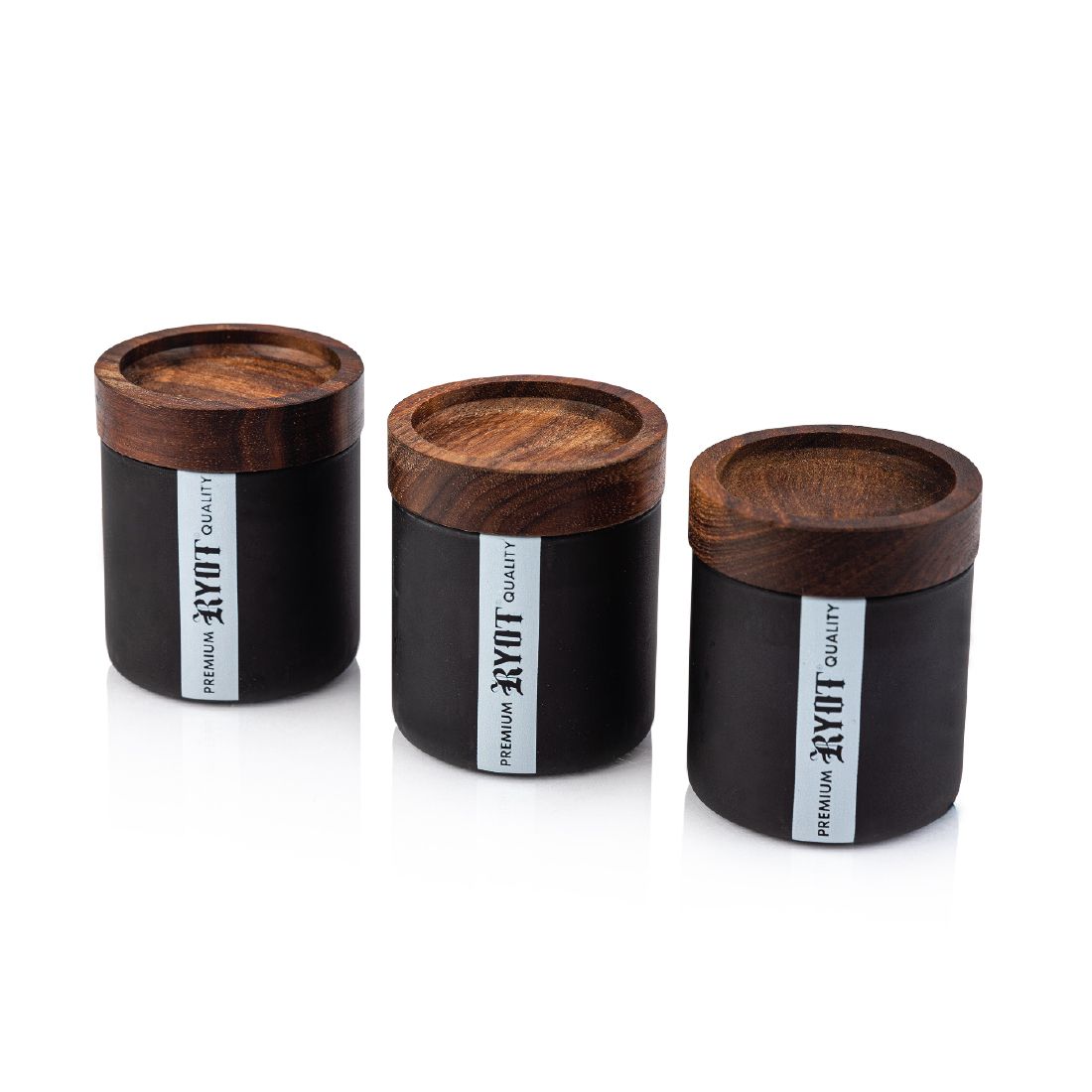 RYOT - 3 Glass and Walnut Storage Jars and Box