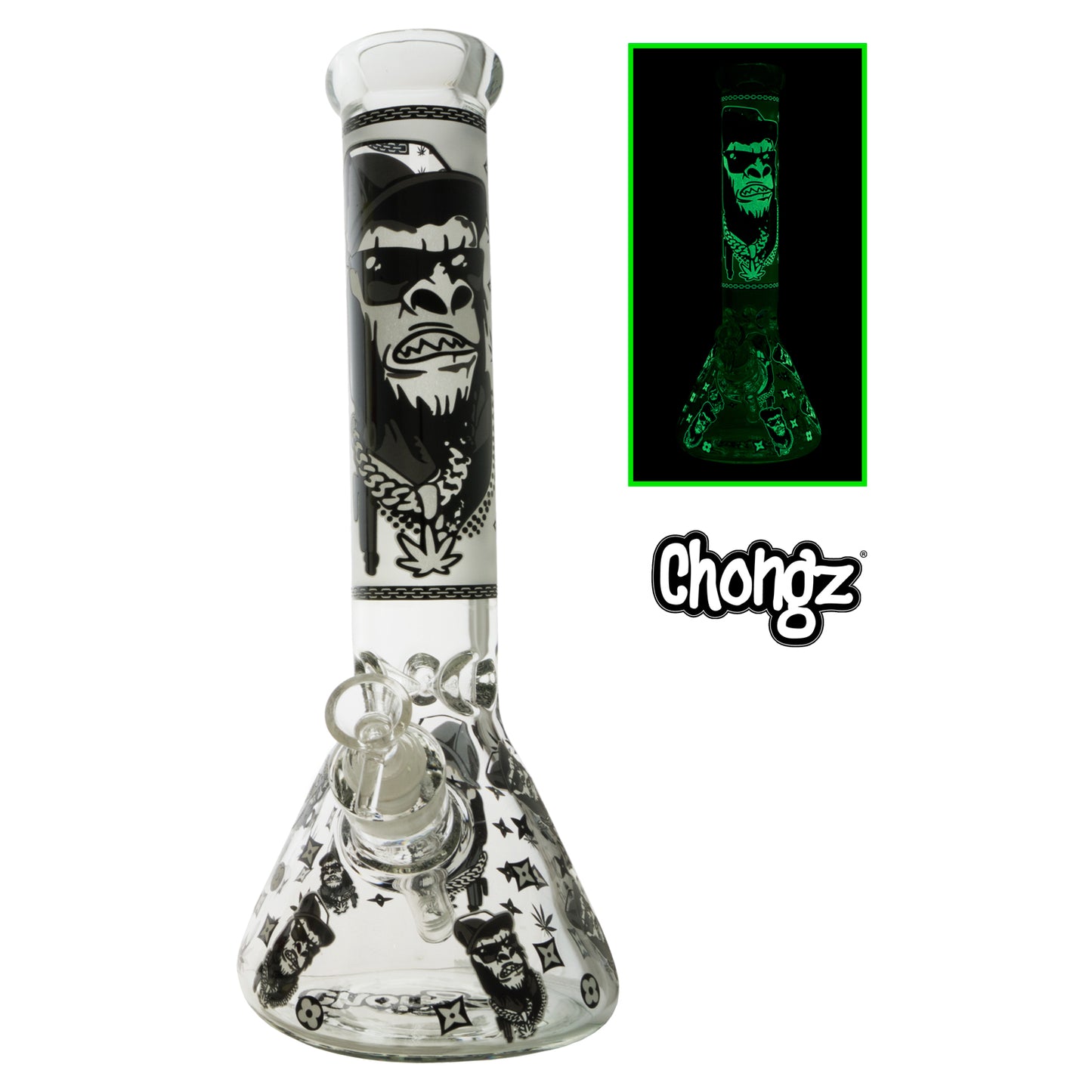 Chongz - Waterpipe, Glass, 33cm, Beaker w/ Ice Pinch, “Monkee Man”