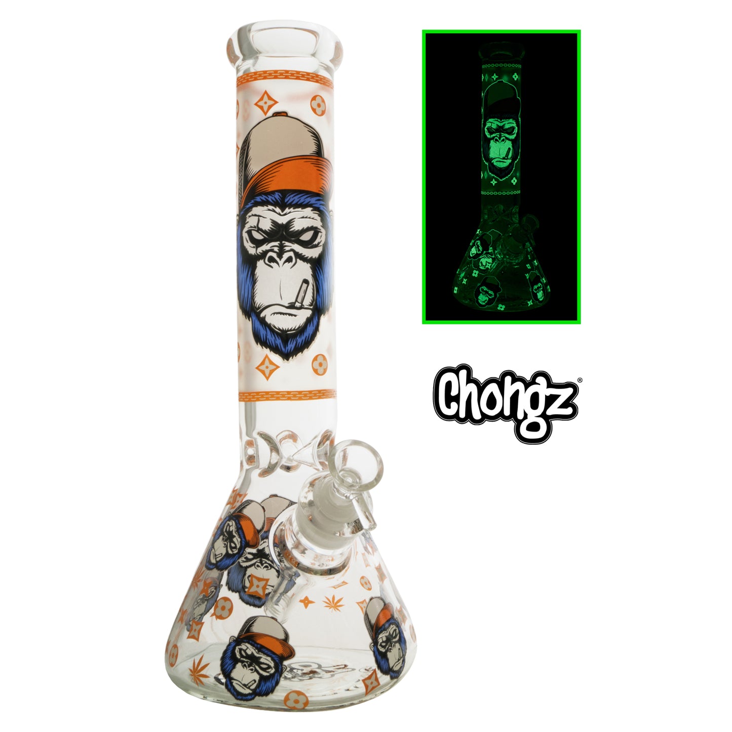 Chongz - Waterpipe, Glass, 33cm, Beaker w/ Ice Pinch, “Monkee Man”