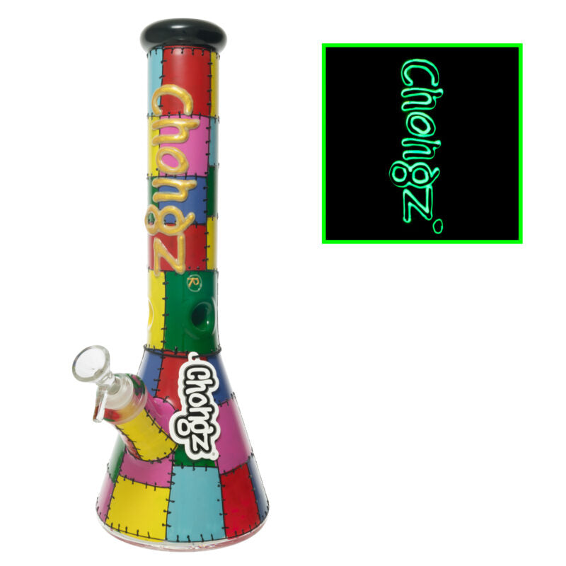 Chongz - Glass Waterpipe, 36cm, “Patch” Multi Coloured Patchwork, 3D Glow Logo
