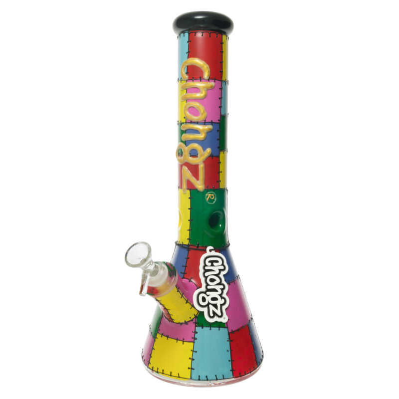 Chongz - Glass Waterpipe, 36cm, “Patch” Multi Coloured Patchwork, 3D Glow Logo
