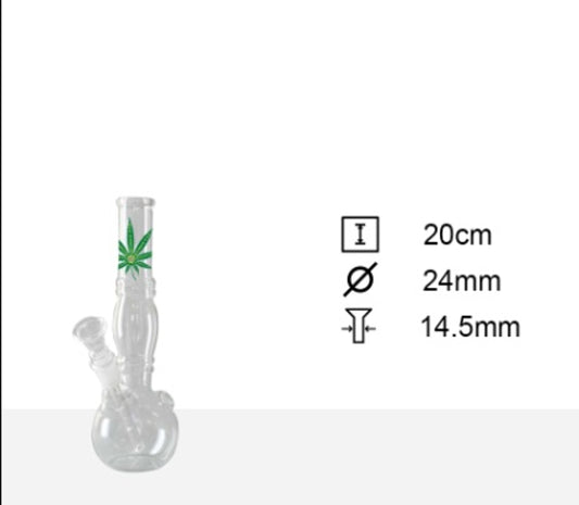 Glass Waterpipe - 20cm, Straight with Bubble Base, Canna Leaf